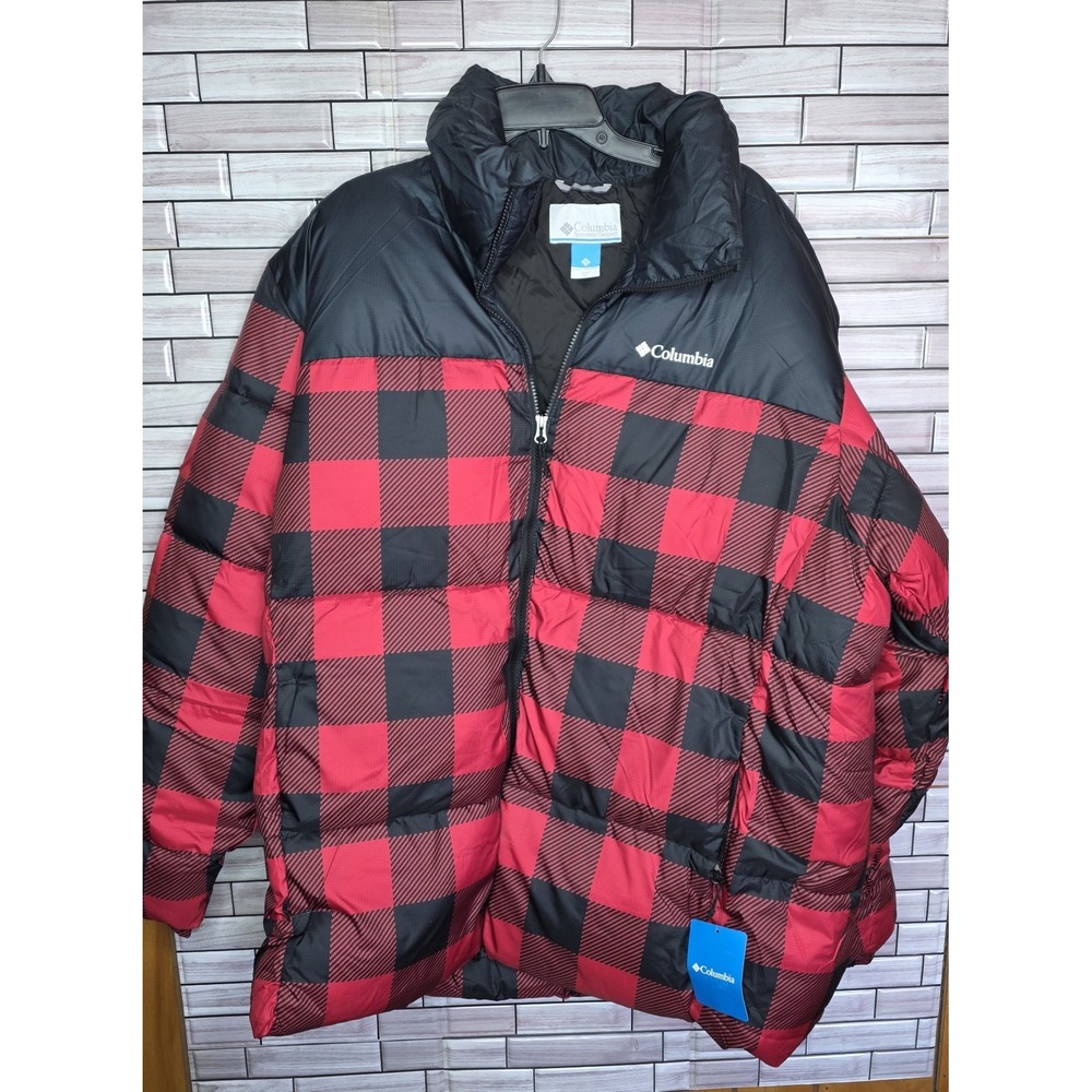 New Mens Columbia Puffect II Puffer Jacket Buffalo Plaid Black Red 2XLT XL Tall